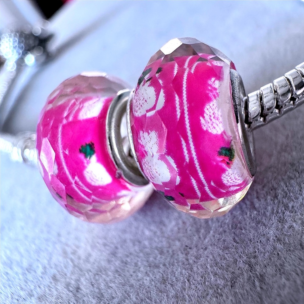 2PC Pink Pineapple Faceted Beads fits PANDORA